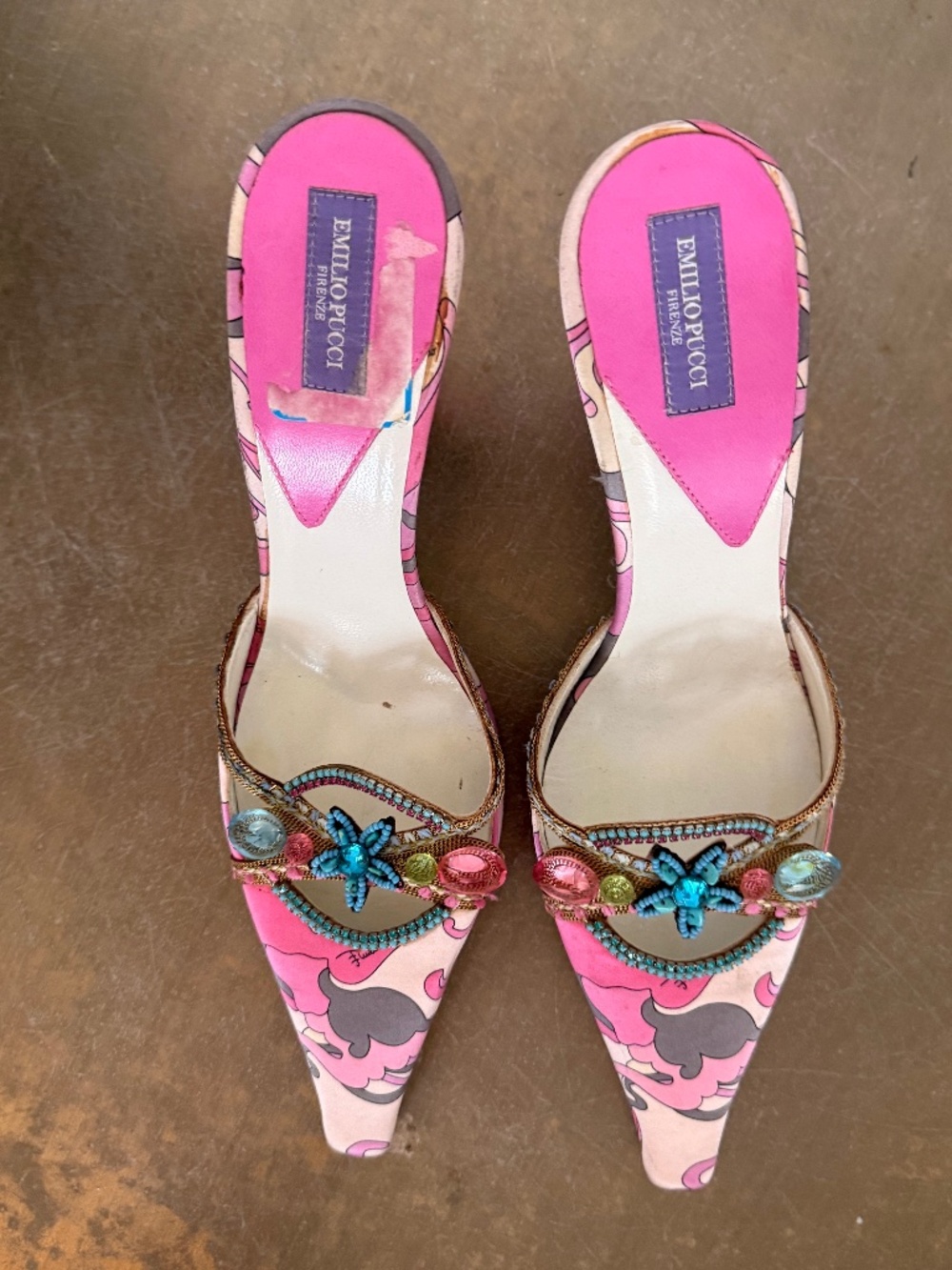 Vintage Y2K Emilio Pucci Pink Print Embellished Beaded Mule Heels EU 37.5 Italy